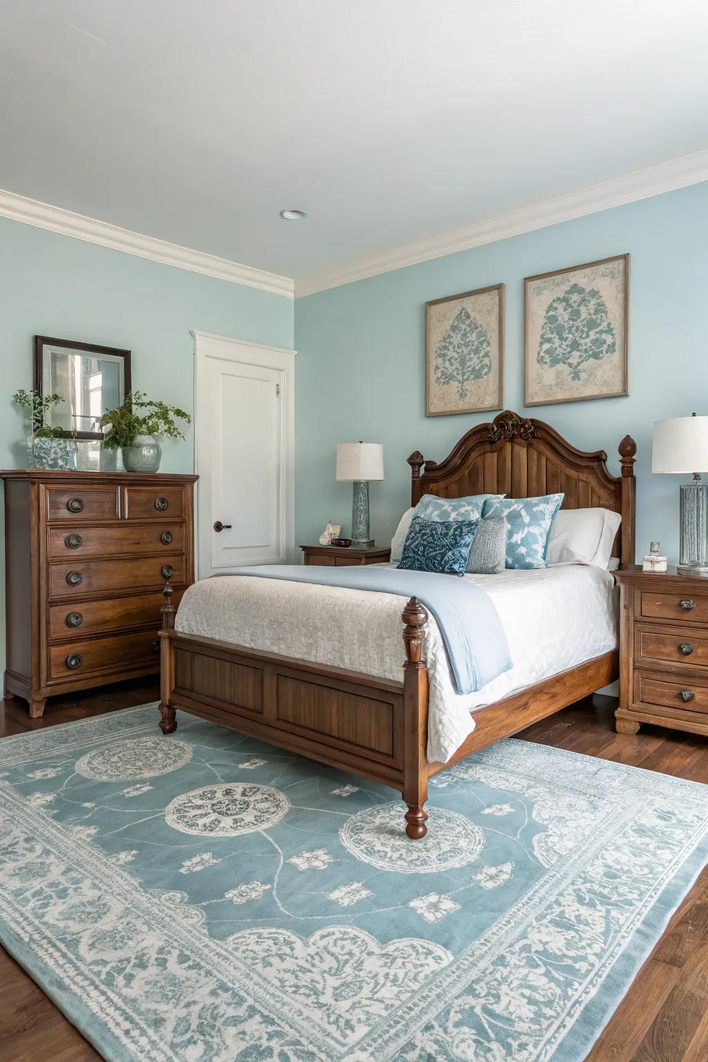A sleeping quarter blending traditional furniture with updated sky blue accents, creating a perfectly balanced aesthetic.