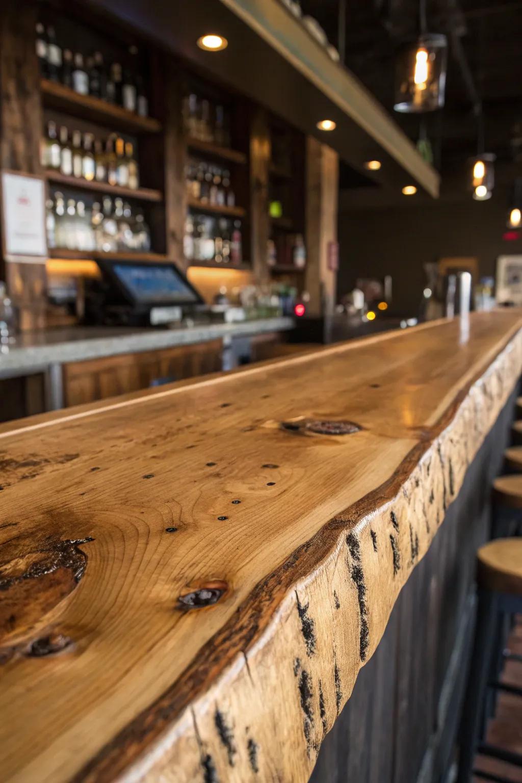 A live edge bar honors the wood's history by displaying its inherent flaws.