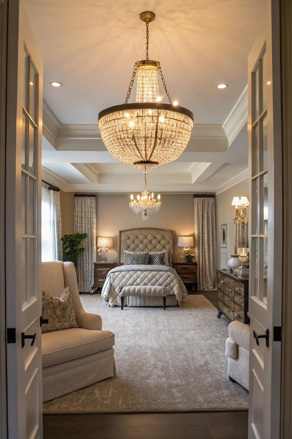 A statement lighting piece elevates the room’s ambiance.