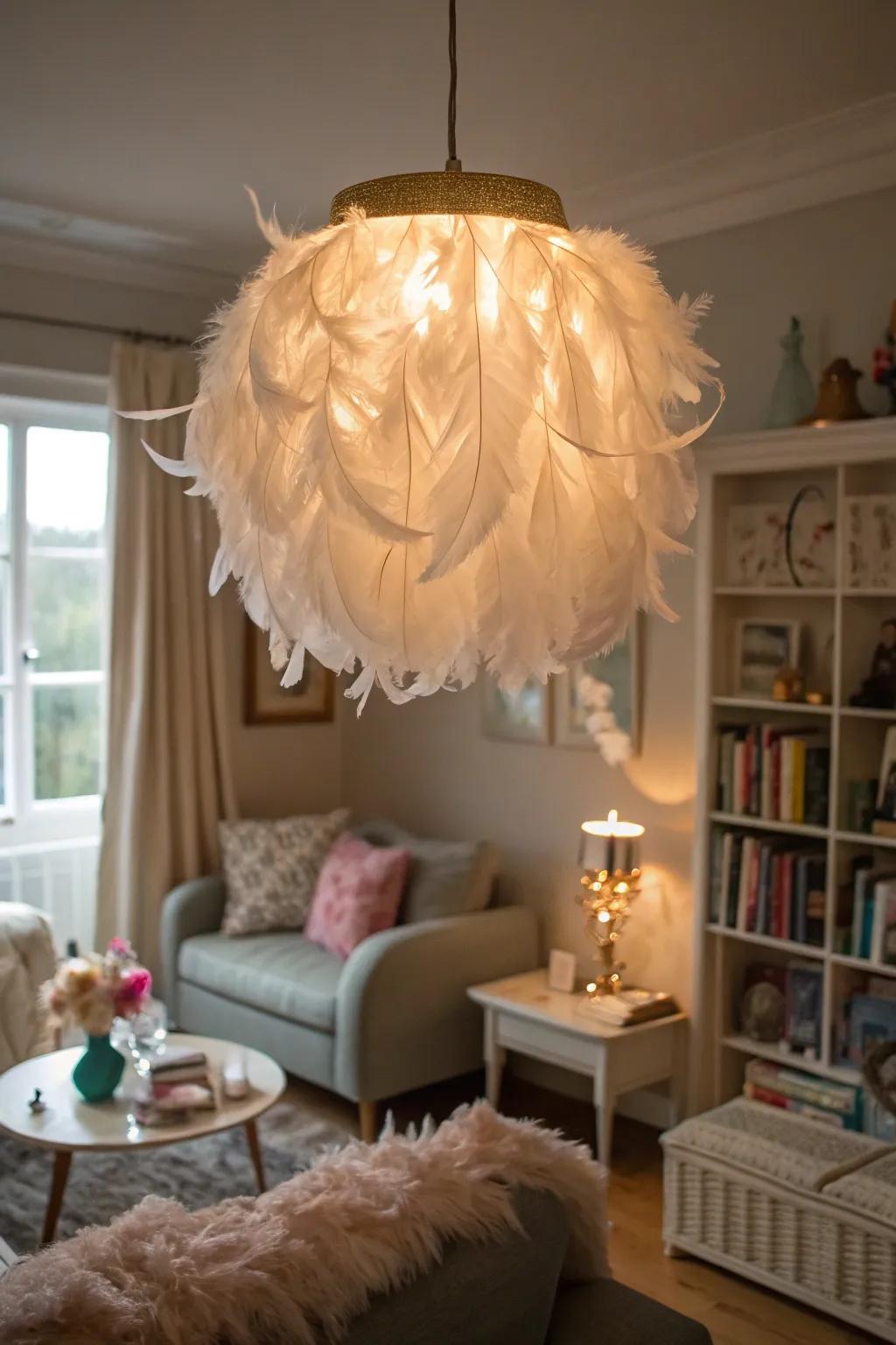 Feathery pendants introduce softness and whimsy to the decor.