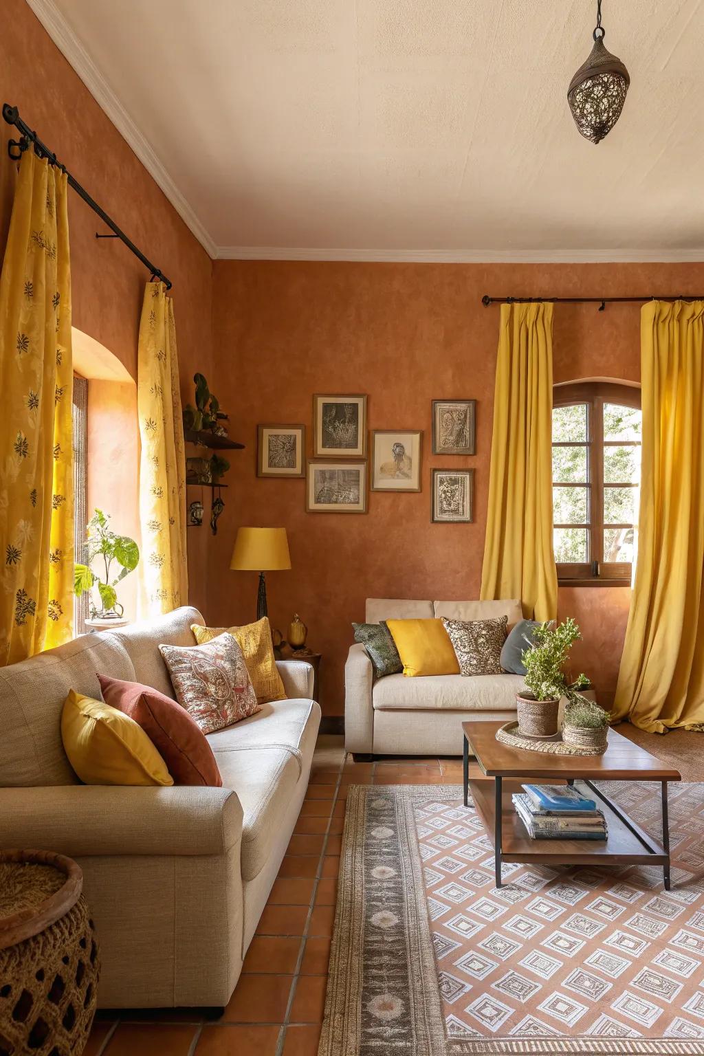 Warm earthy hues create a cozy and inviting living space atmosphere.