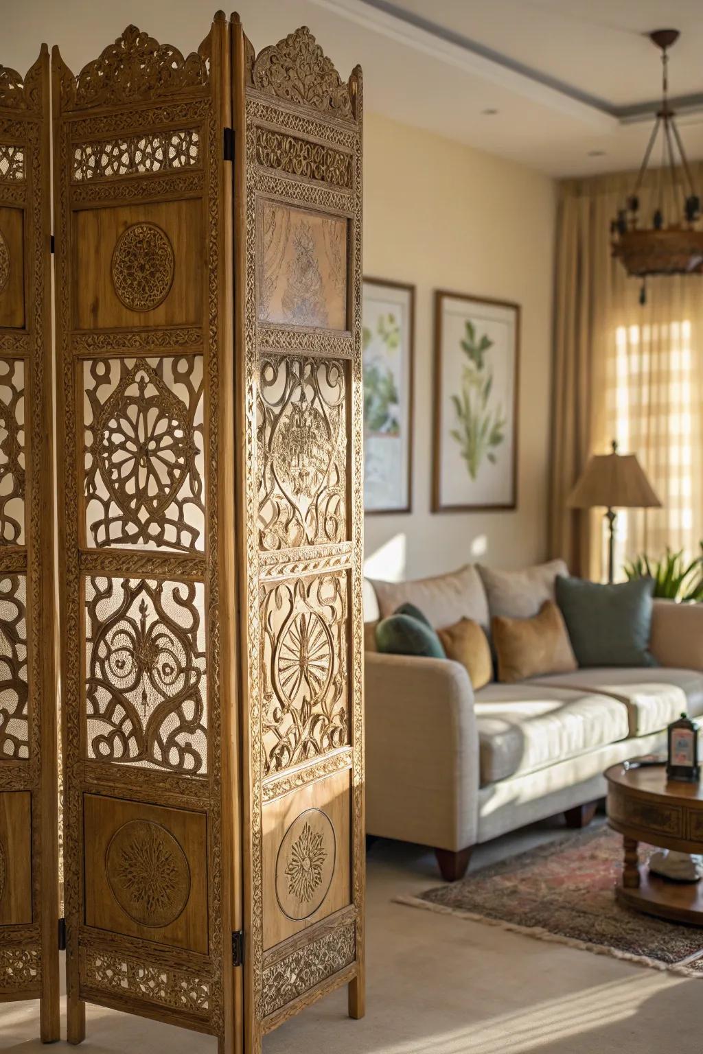 A decorative screen adds elegance and function to a corner.