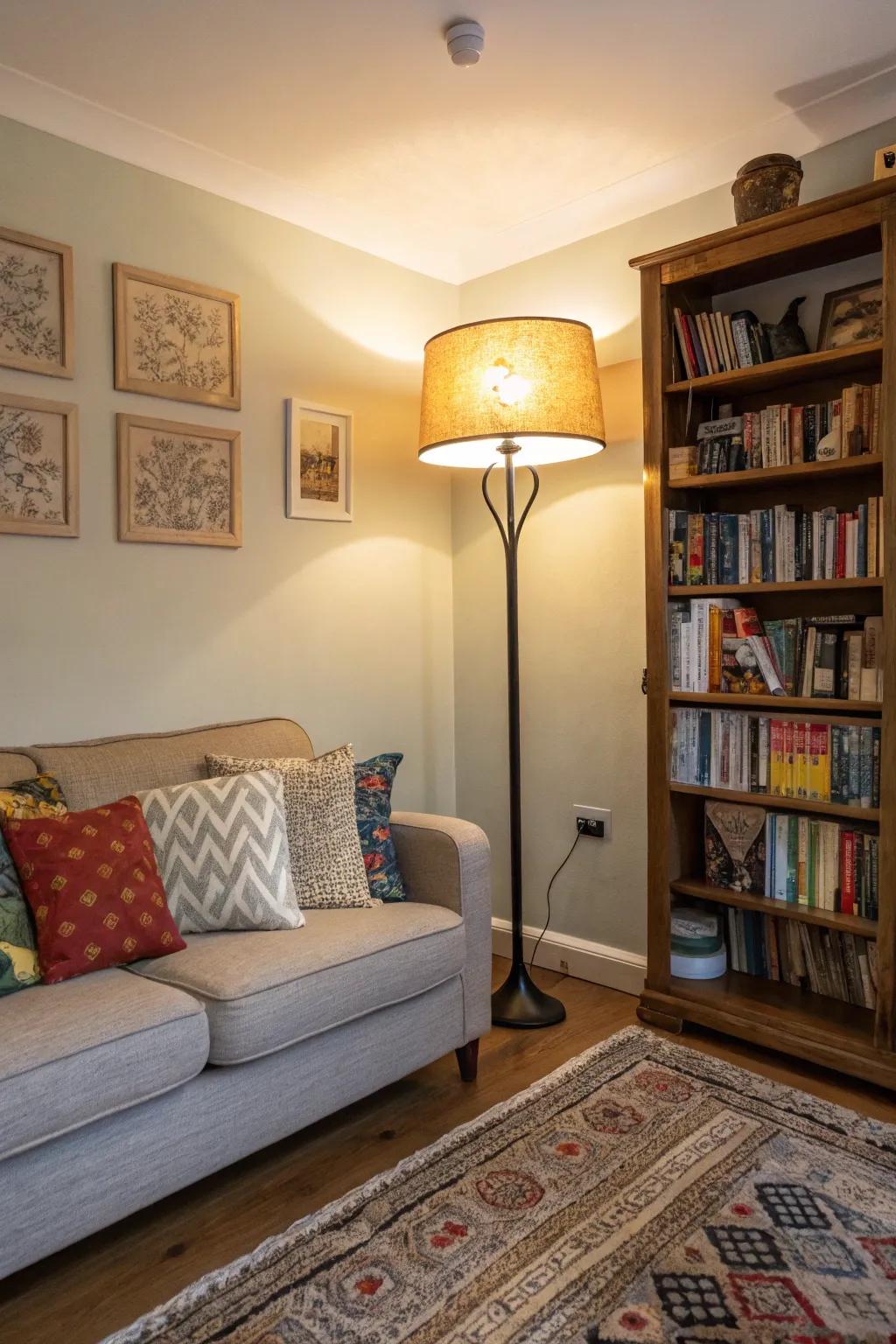 A small living room featuring a compact floor lamp.