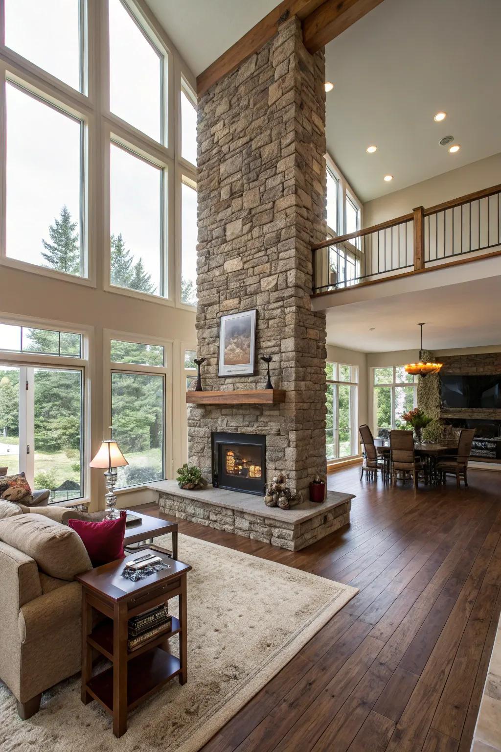 In an open floor plan, a stone fireplace can efficiently define spaces.