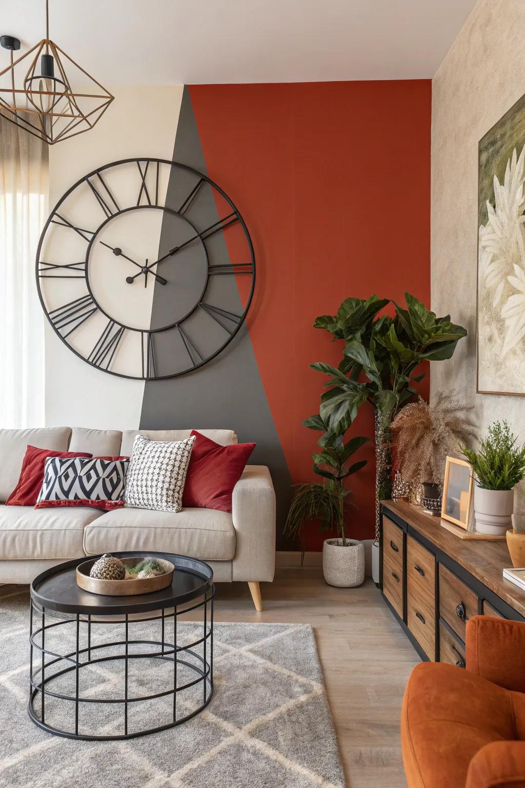 A contrasting backdrop makes the wall clock a striking centerpiece.