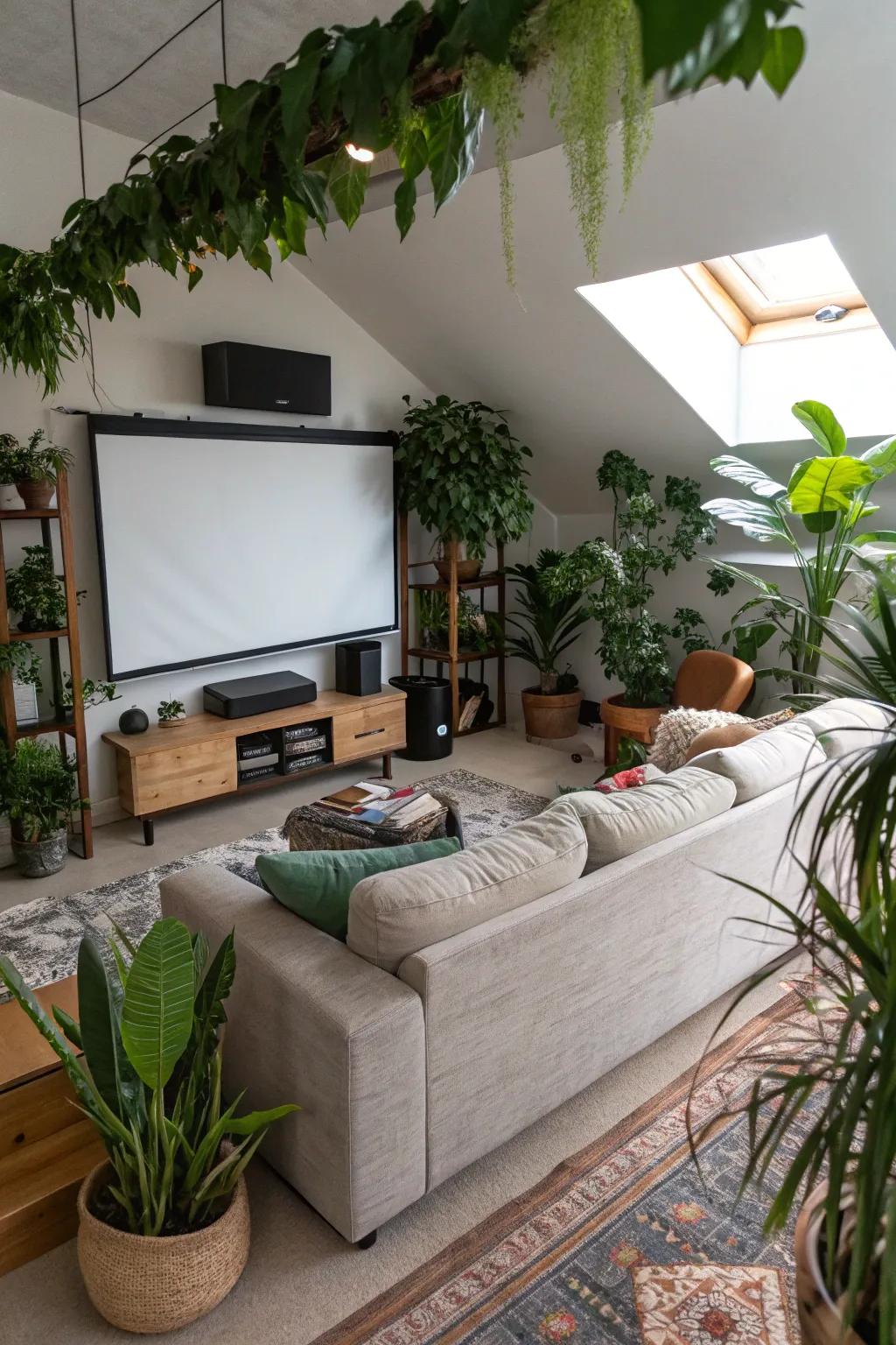 Plants add life to your media room, adding a touch of nature.