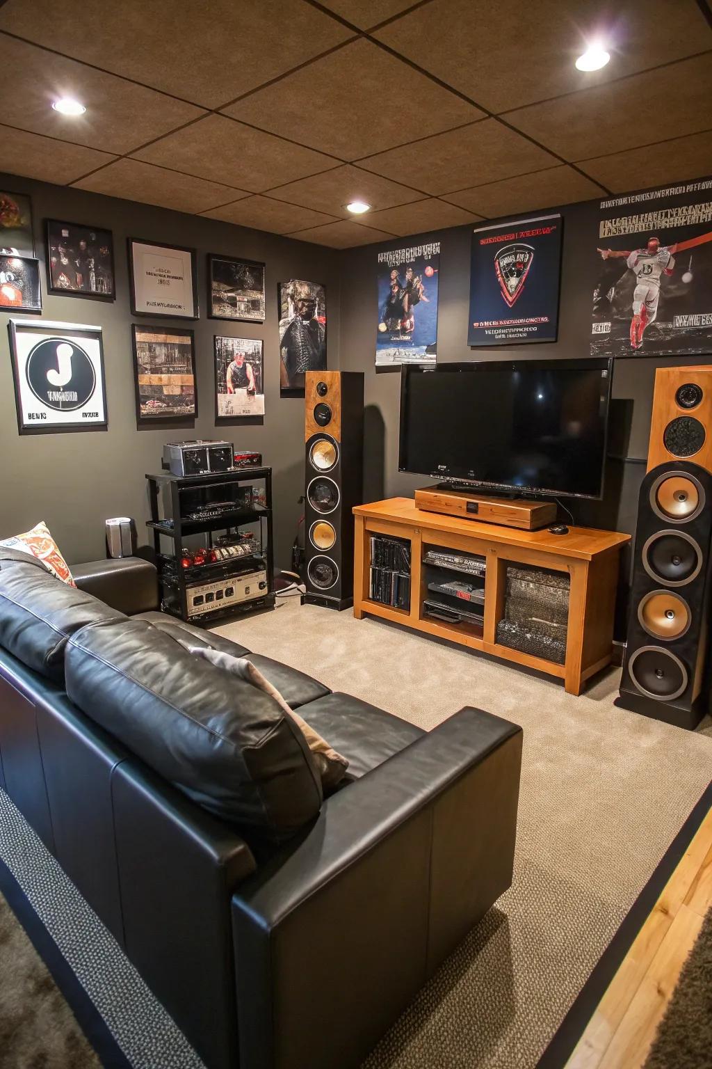 Customized audio features crafting a vibrant atmosphere in a man cave.