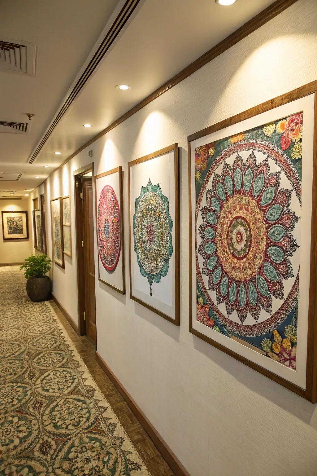 Circle motif needlework art adding handcrafted charm to a hallway.