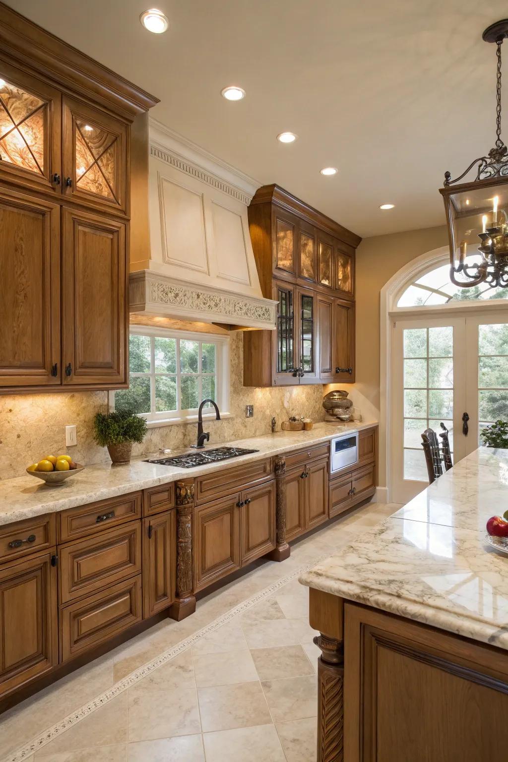 A luxurious kitchen featuring the elegant mix of walnut cabinets and marble.