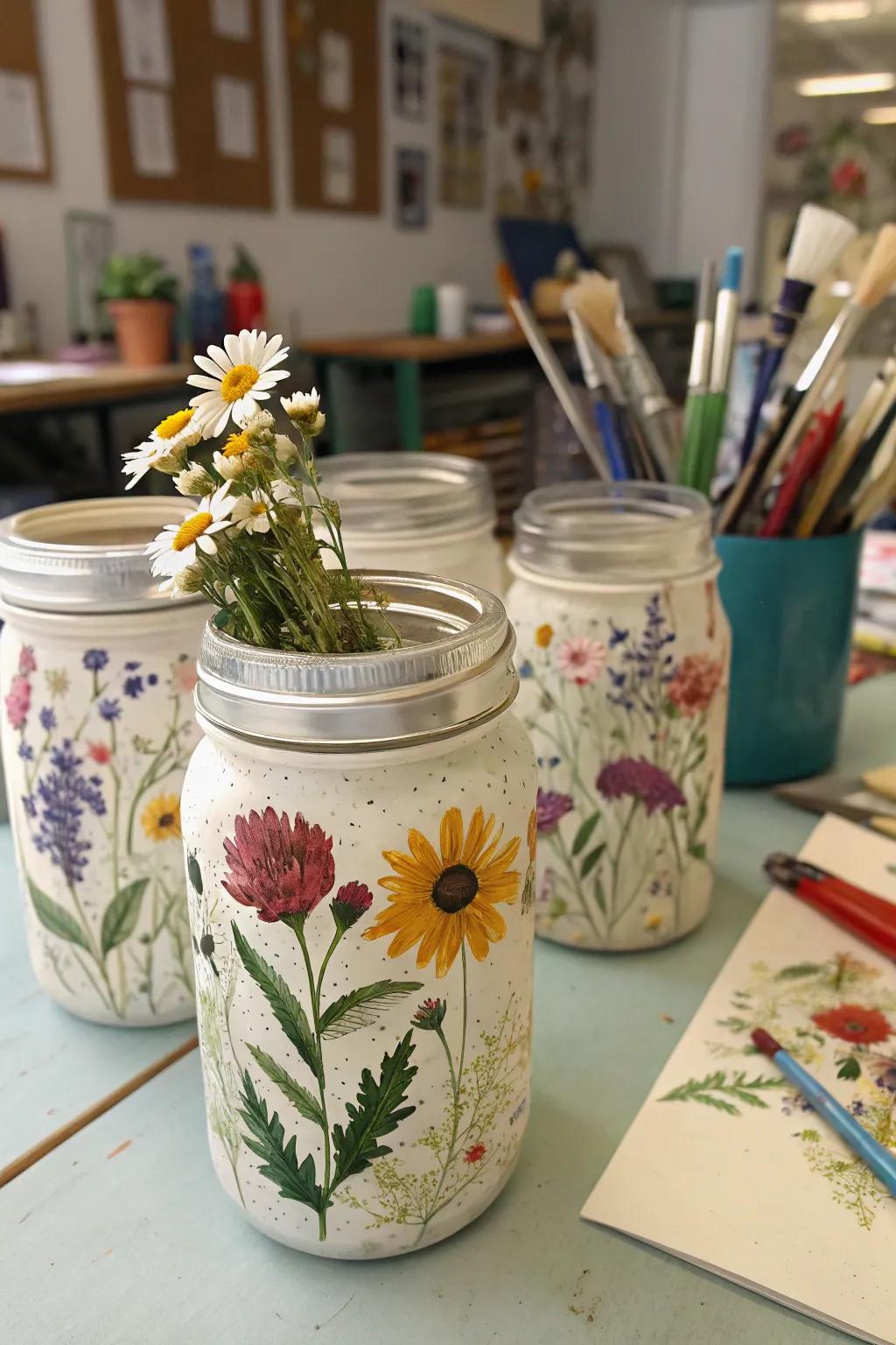 Express creativeness through decoupage glass containers.