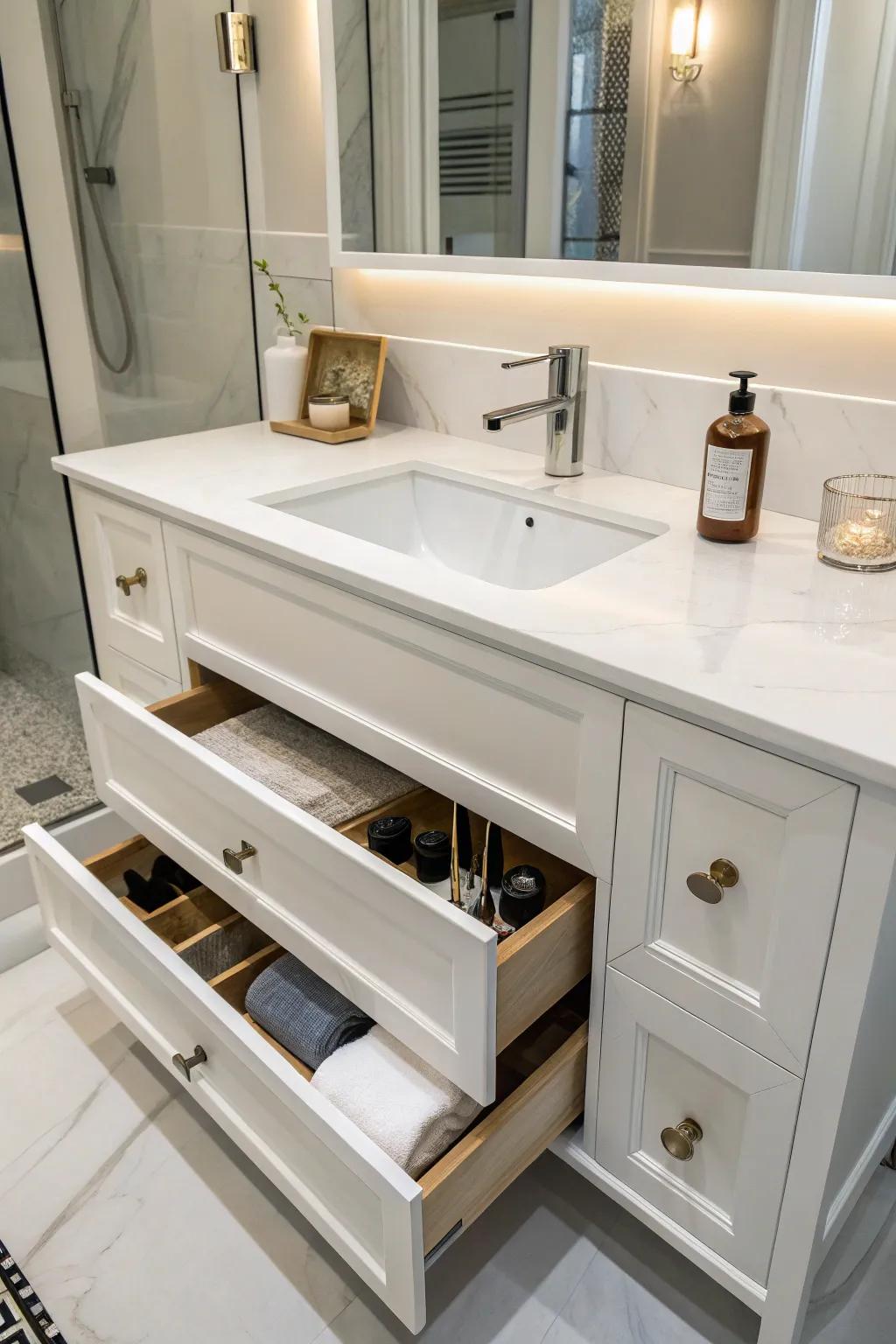 A bathroom vanity featuring hidden storage compartments for a clutter-free aesthetic.