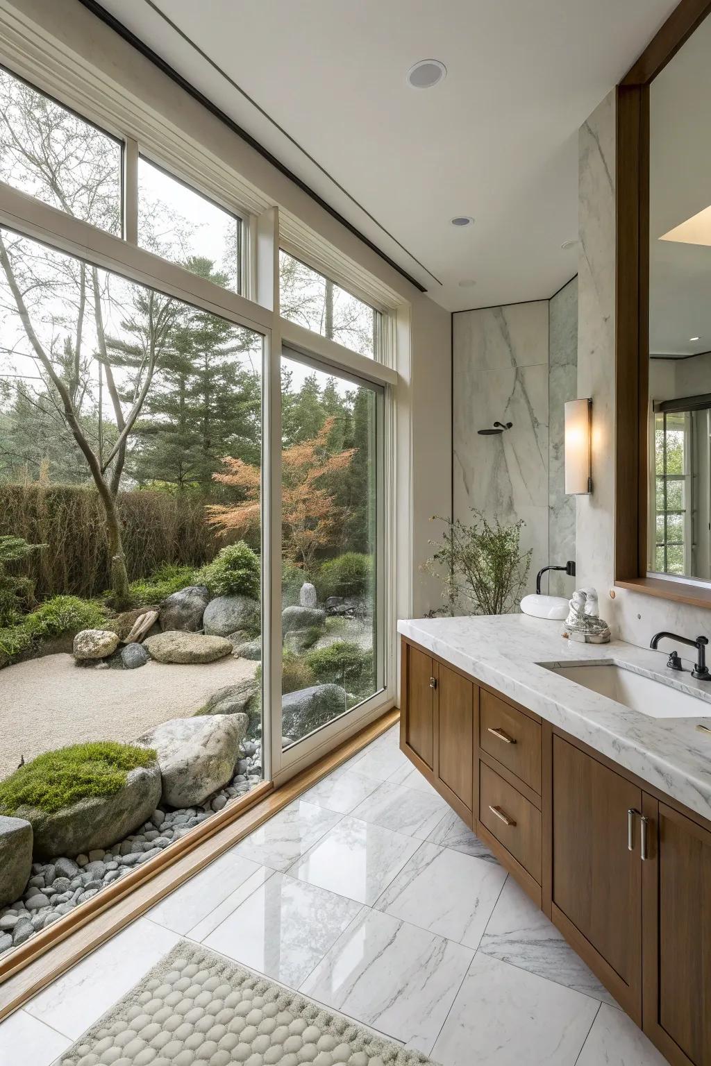 A zen park glance enriches serene essence through this primary bathroom location.