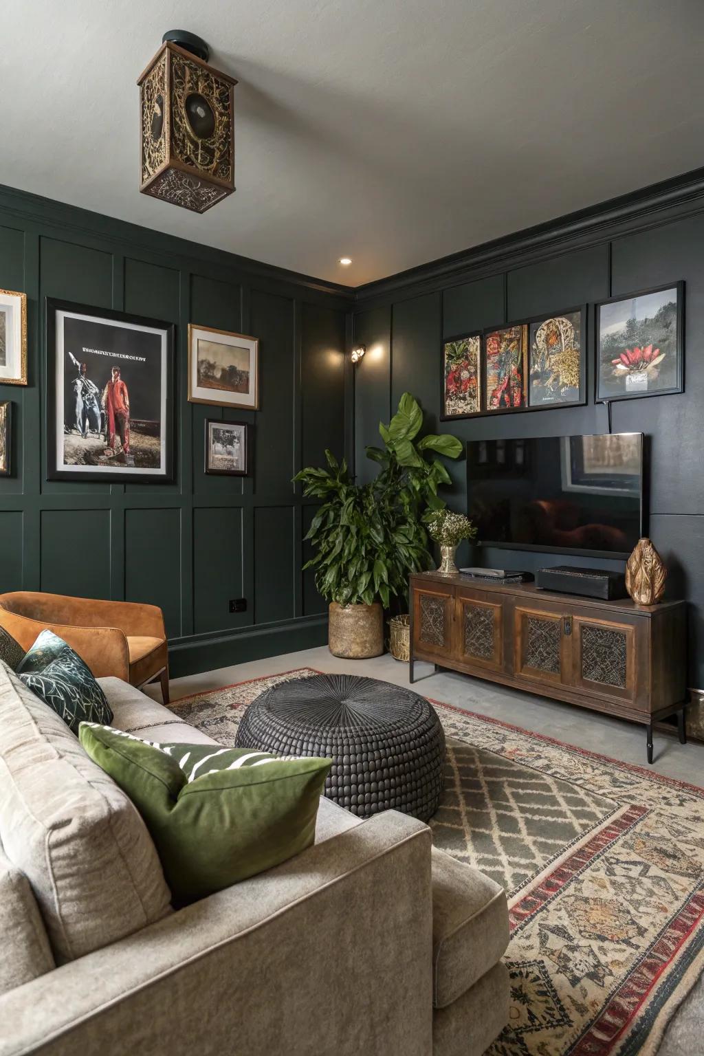A media room that features a dark moss accent wall, injecting a dash of the unconventional.