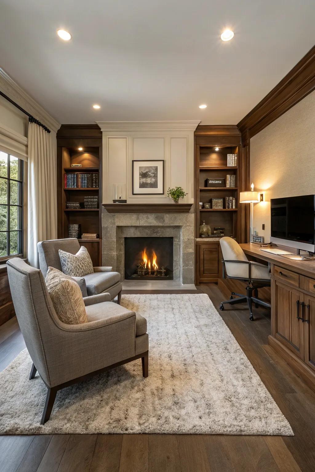 A fireplace provides warmth and elegance to this home office.
