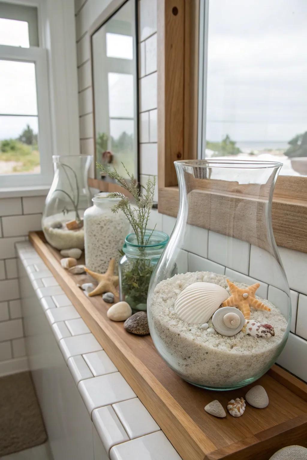 Sea glass vases deliver a subtle coastal refinement to the space.