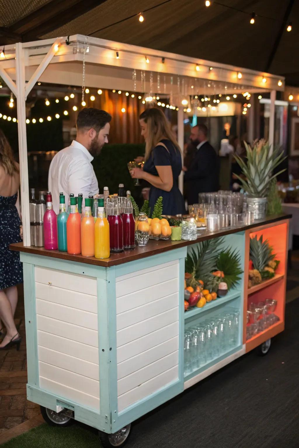 A dynamic cocktail station adds a playful element to this mobile bar.