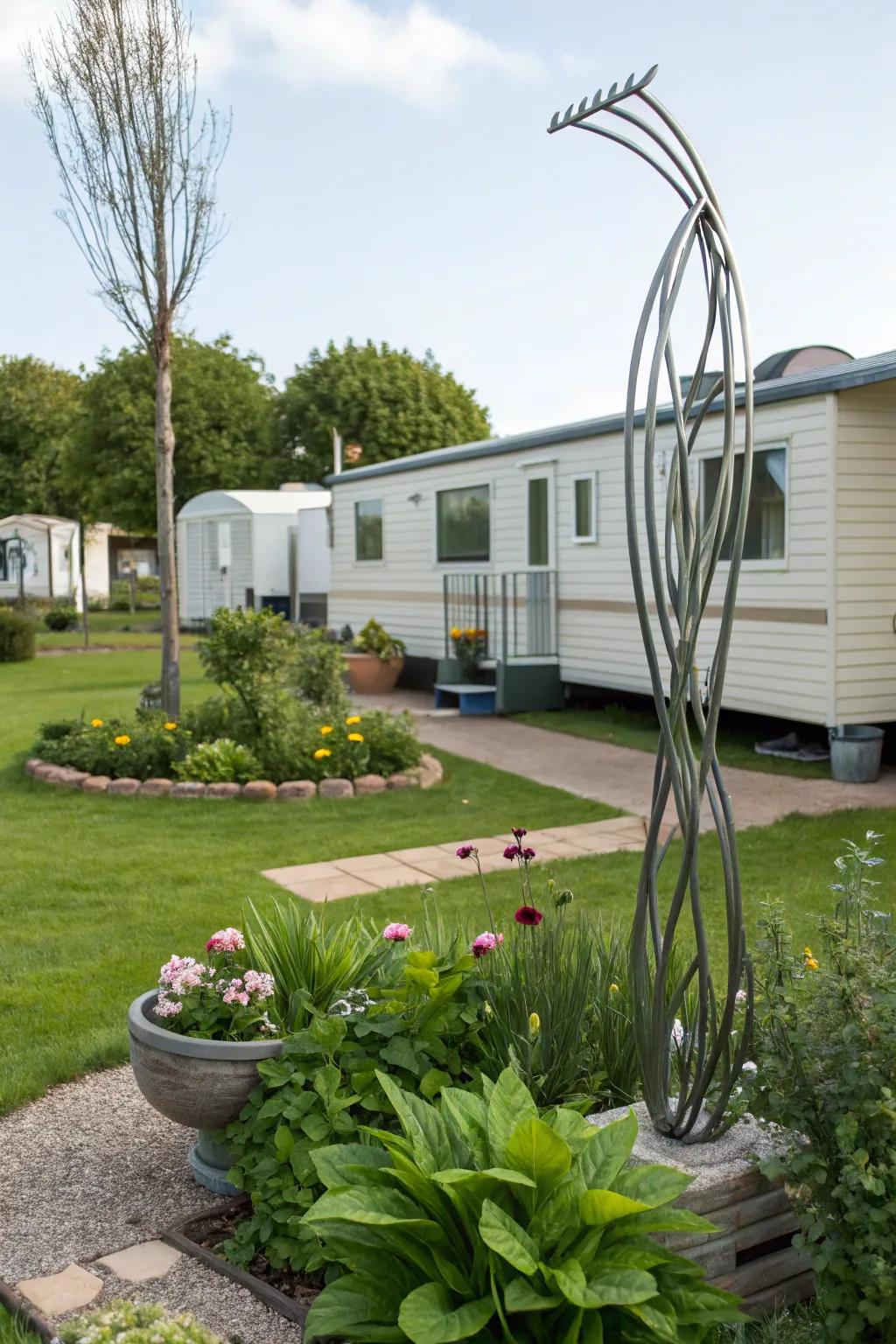 A modern metallic sculpture adding personality to a mobile home garden.