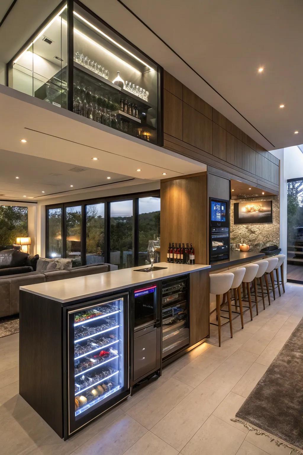 Smart technology modernizes this stylish home bar.