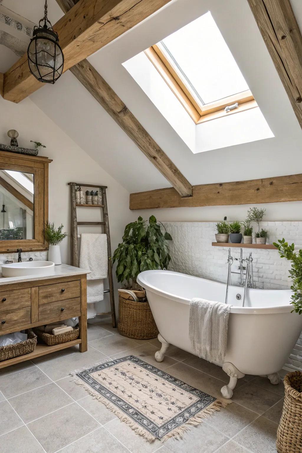 A skylight enhances sun light in this cozy bathroom.
