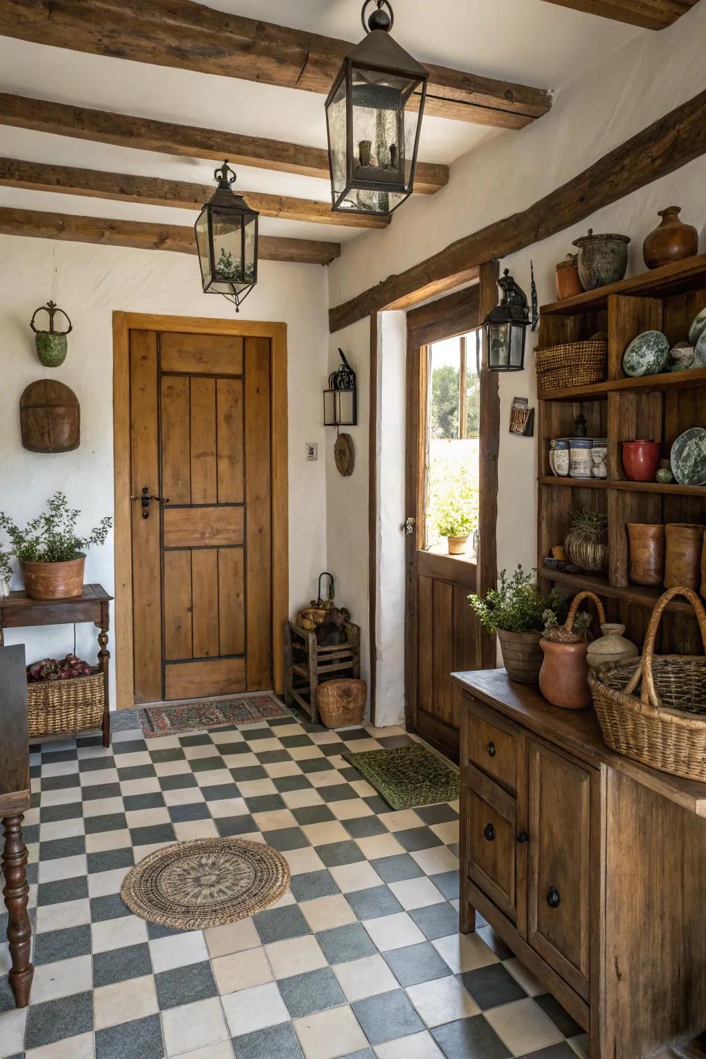 Checkerboard tiles add a classic touch to the entryway.