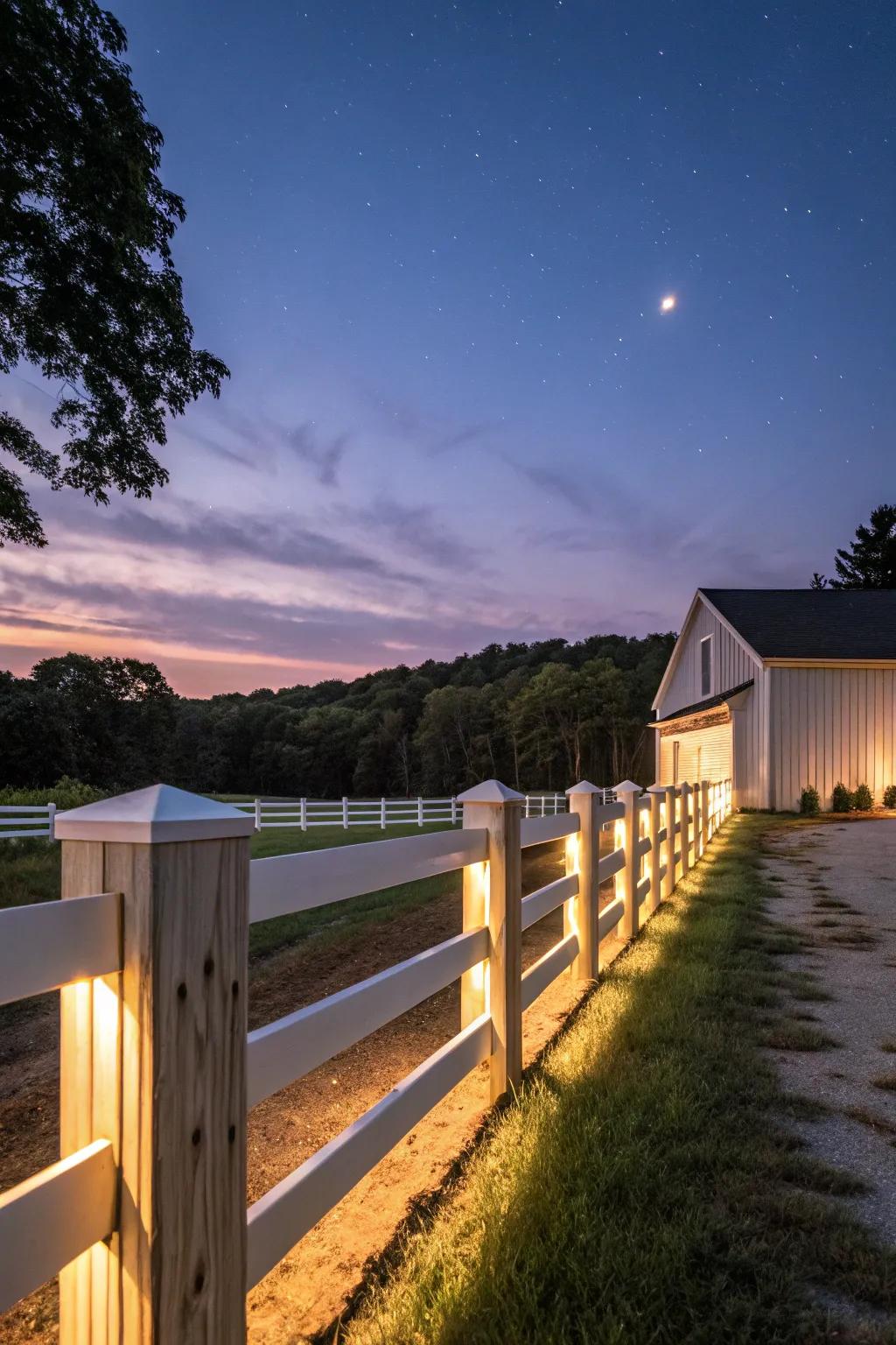 Illumination features add elegance and create a captivating evening mood for this farmhouse barrier.
