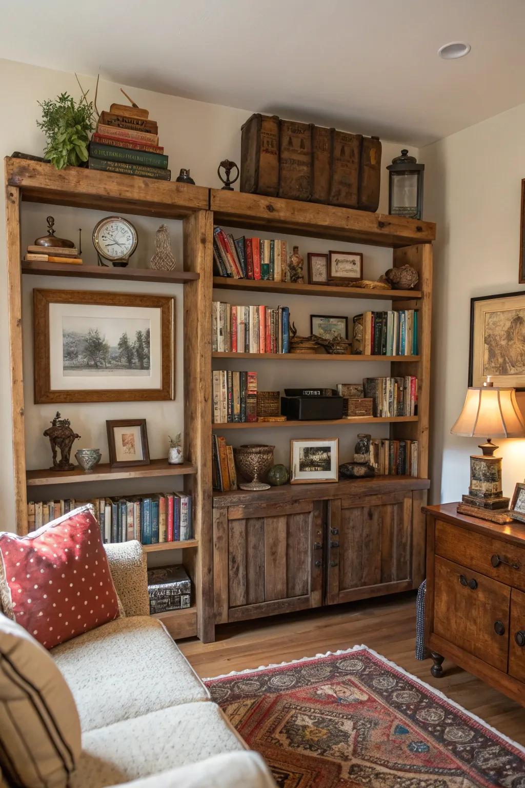Rustic shelving offers both display space and a stylistic element in the farmhouse living space.