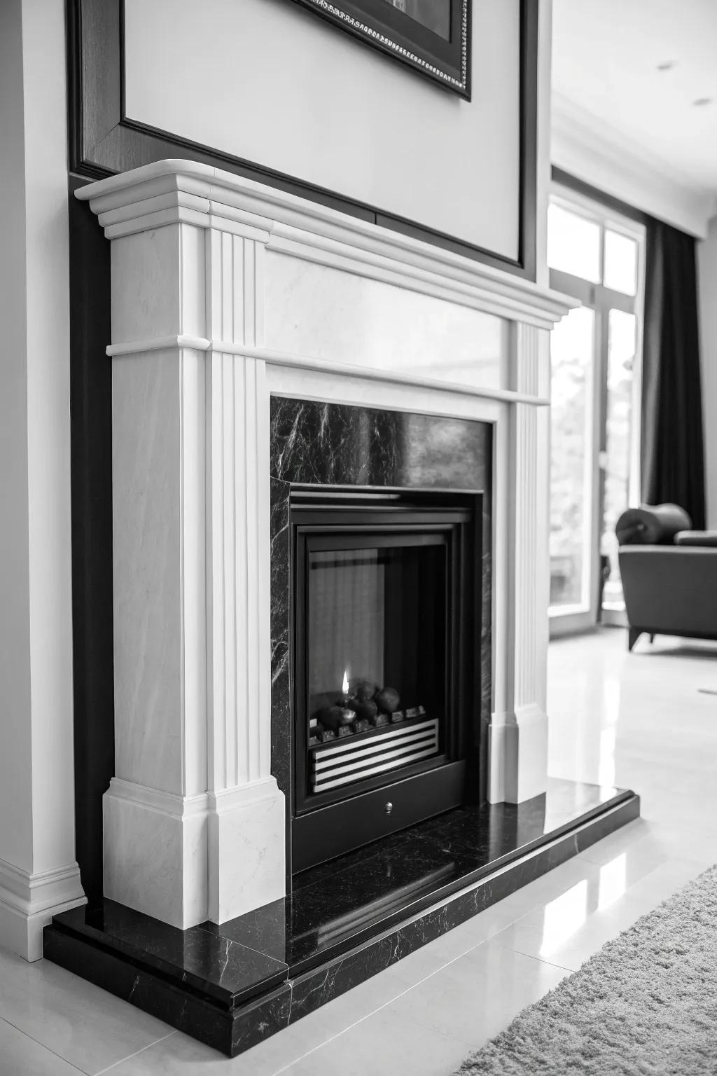 A monochrome fireplace adding bold sophistication to the room.