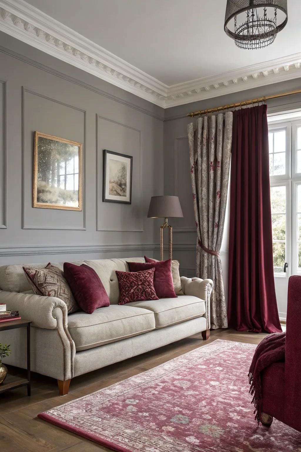 Lounge consisting of grey walls and deep red detailed decor.