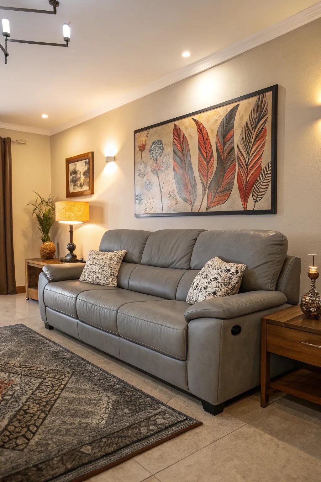 A grey leather sofa highlighting a stunning focal point in the living room.
