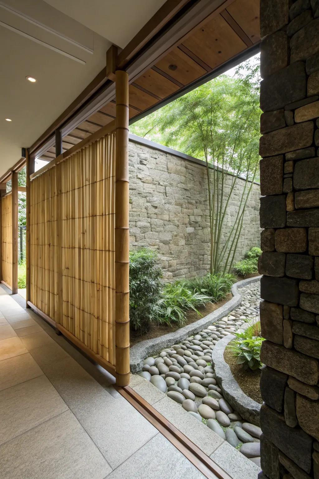 Earthy materials utilized on a half wall convey a tranquil, Zen-inspired mood.