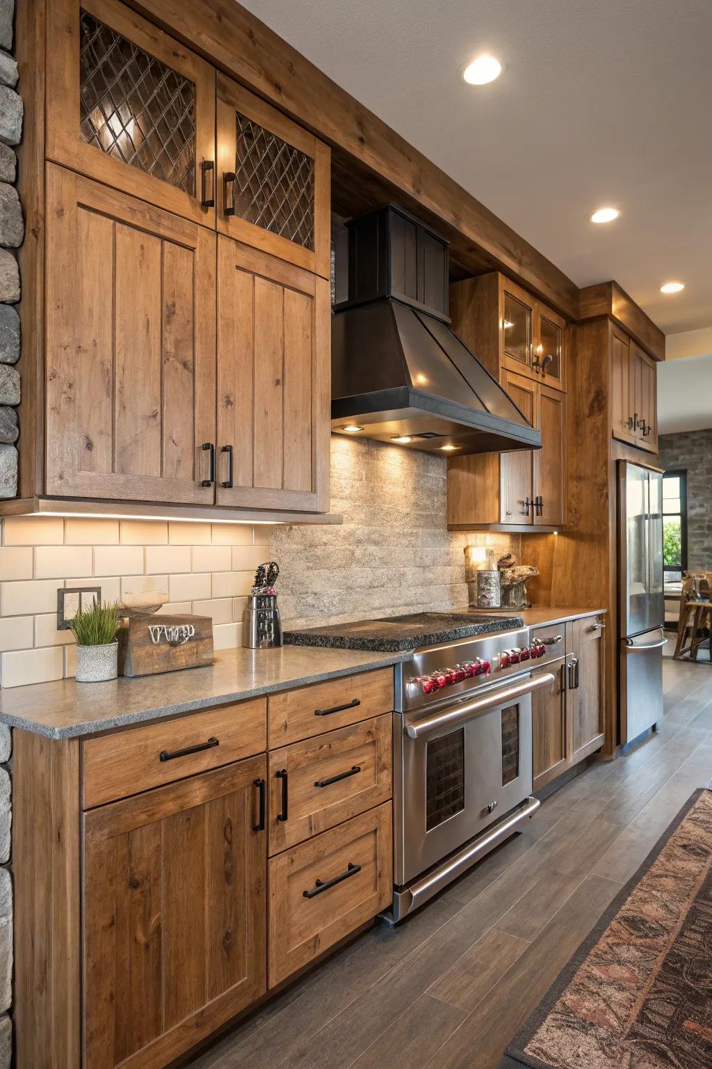 Factory elements add edge to hickory kitchens.
