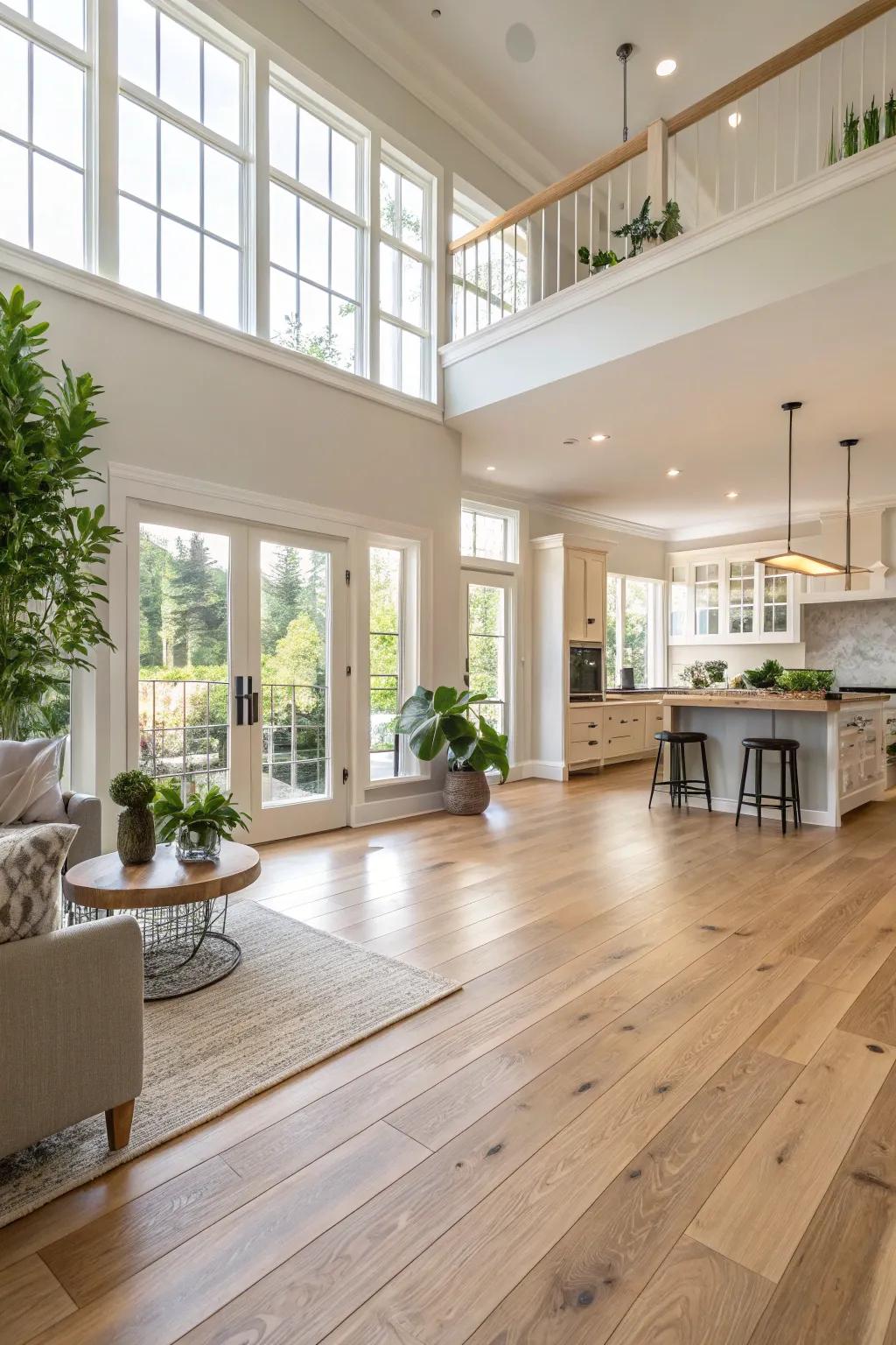 A consistent stream is achieved through uniform pale wood flooring.