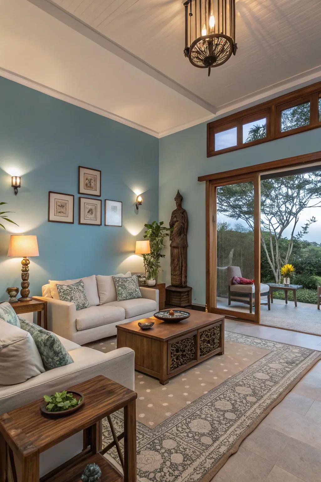 Sky blue walls evoke a sense of tranquility and openness in this serene living room.