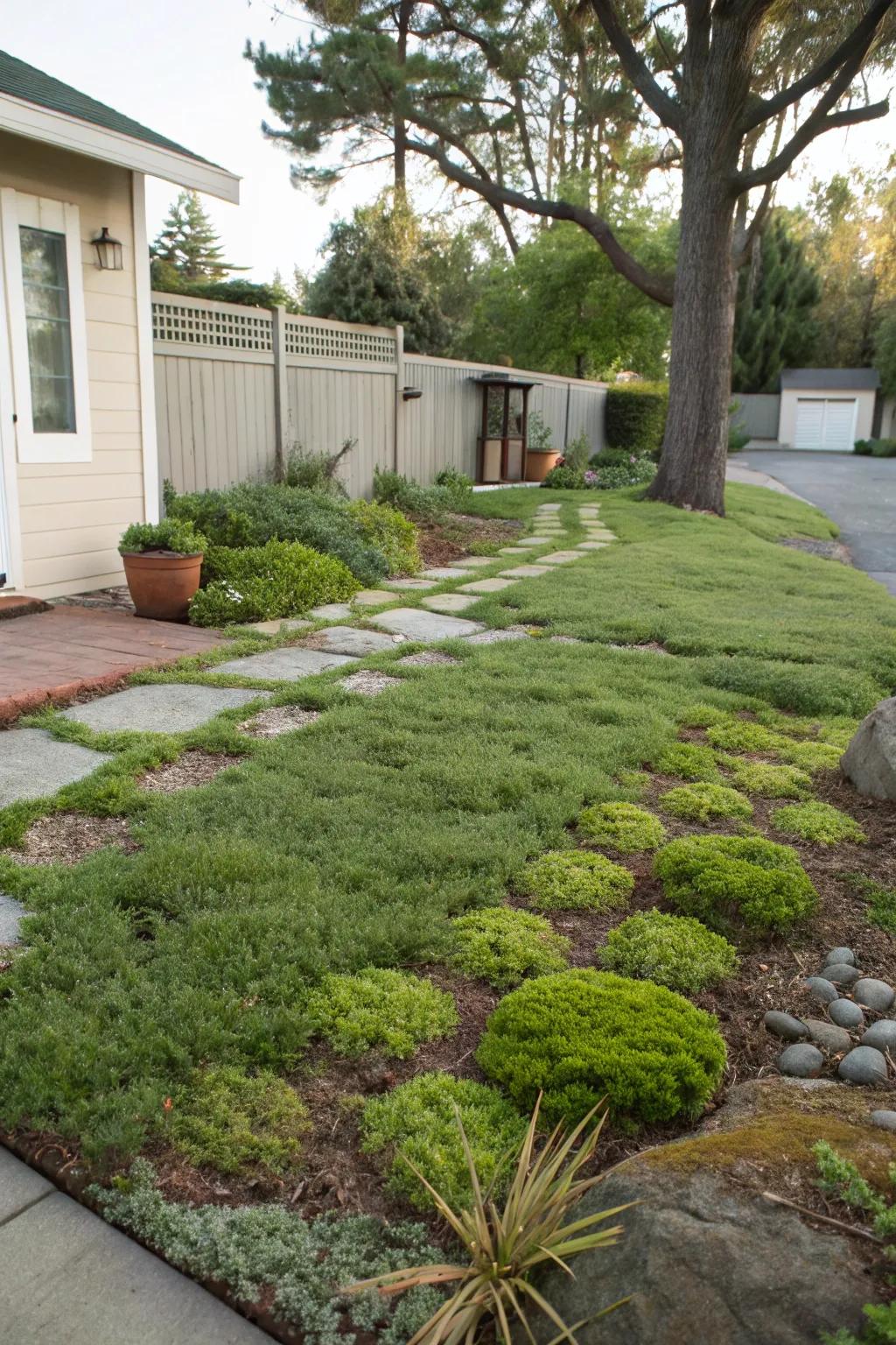 Plants that stay low providing a grass alternative in a modern front yard.