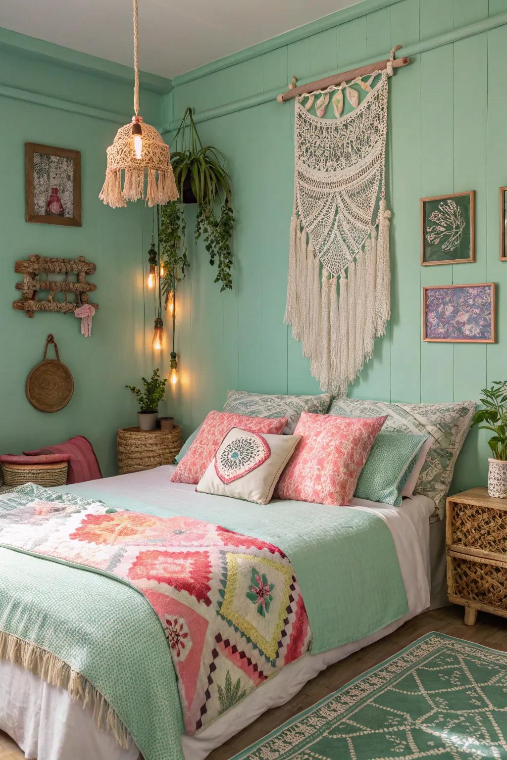 Eclectic bohemian style enhancing a soft jade bedroom.