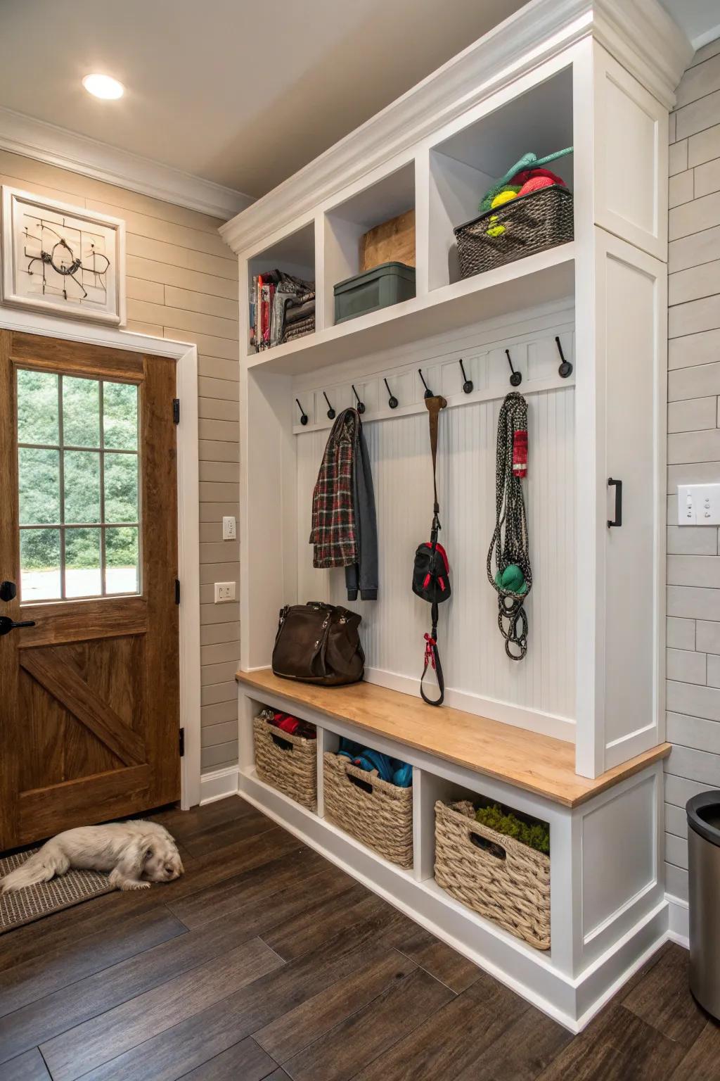A built-in pet center keeps your mudroom organized.