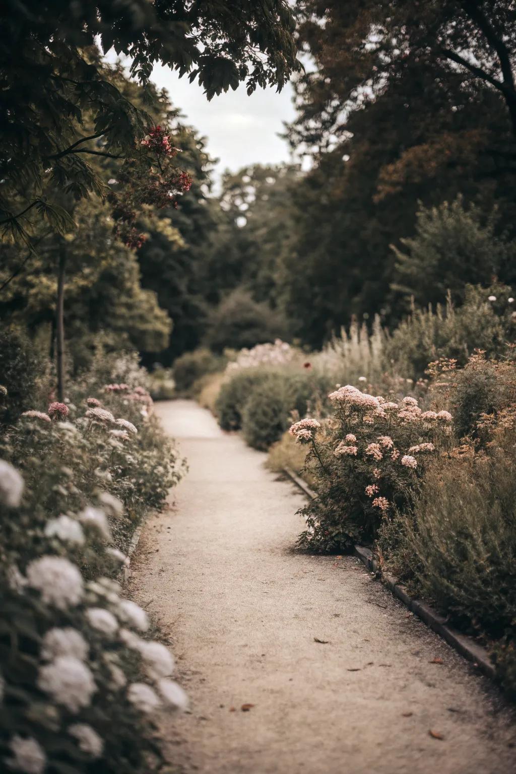 A garden path utilizing single-color tones for a cohesive aesthetic.