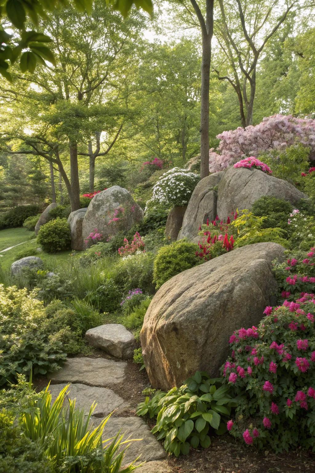 Boulders act as natural central attractions, grounding the garden design.