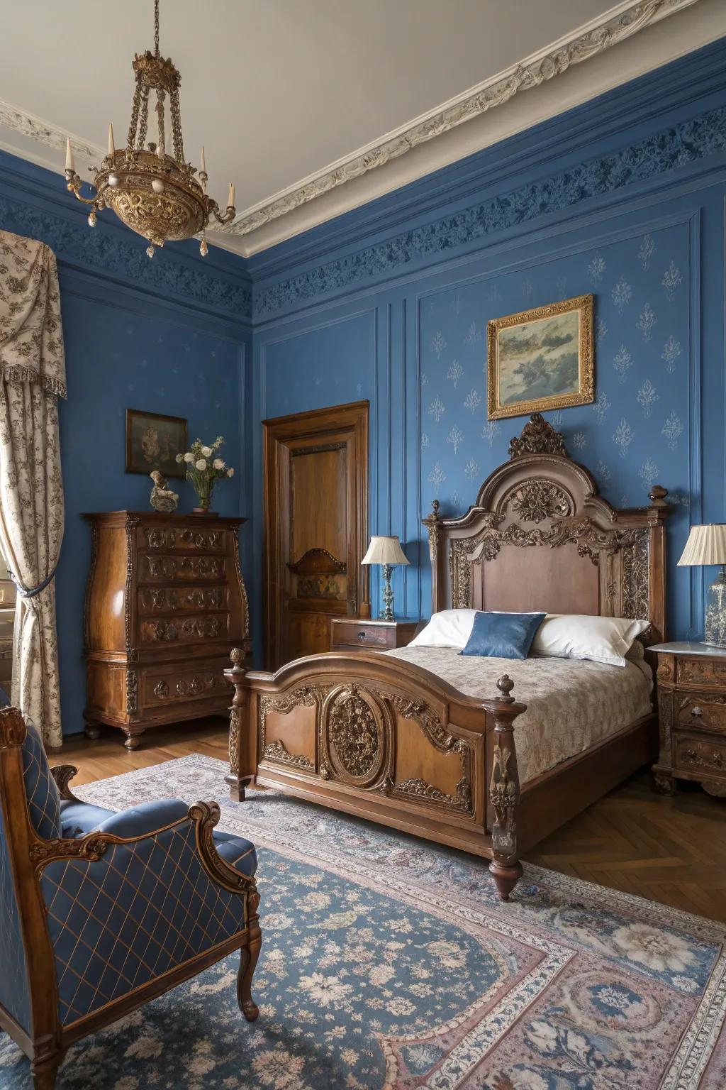 Antique furniture adds a majestic allure to the contemporary sapphire bedroom.