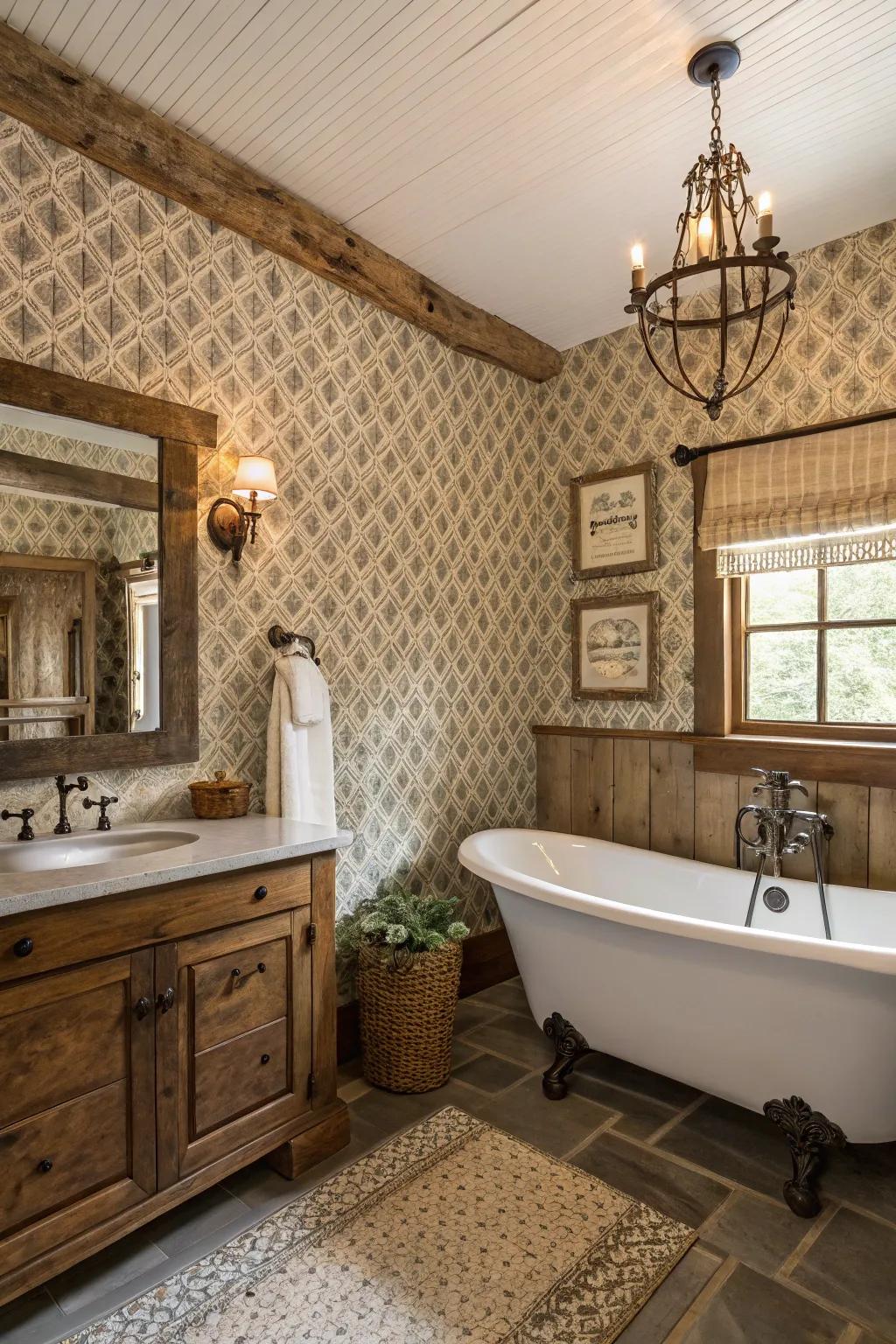 Textured wallpaper enriches the rustic space with unparalleled character.