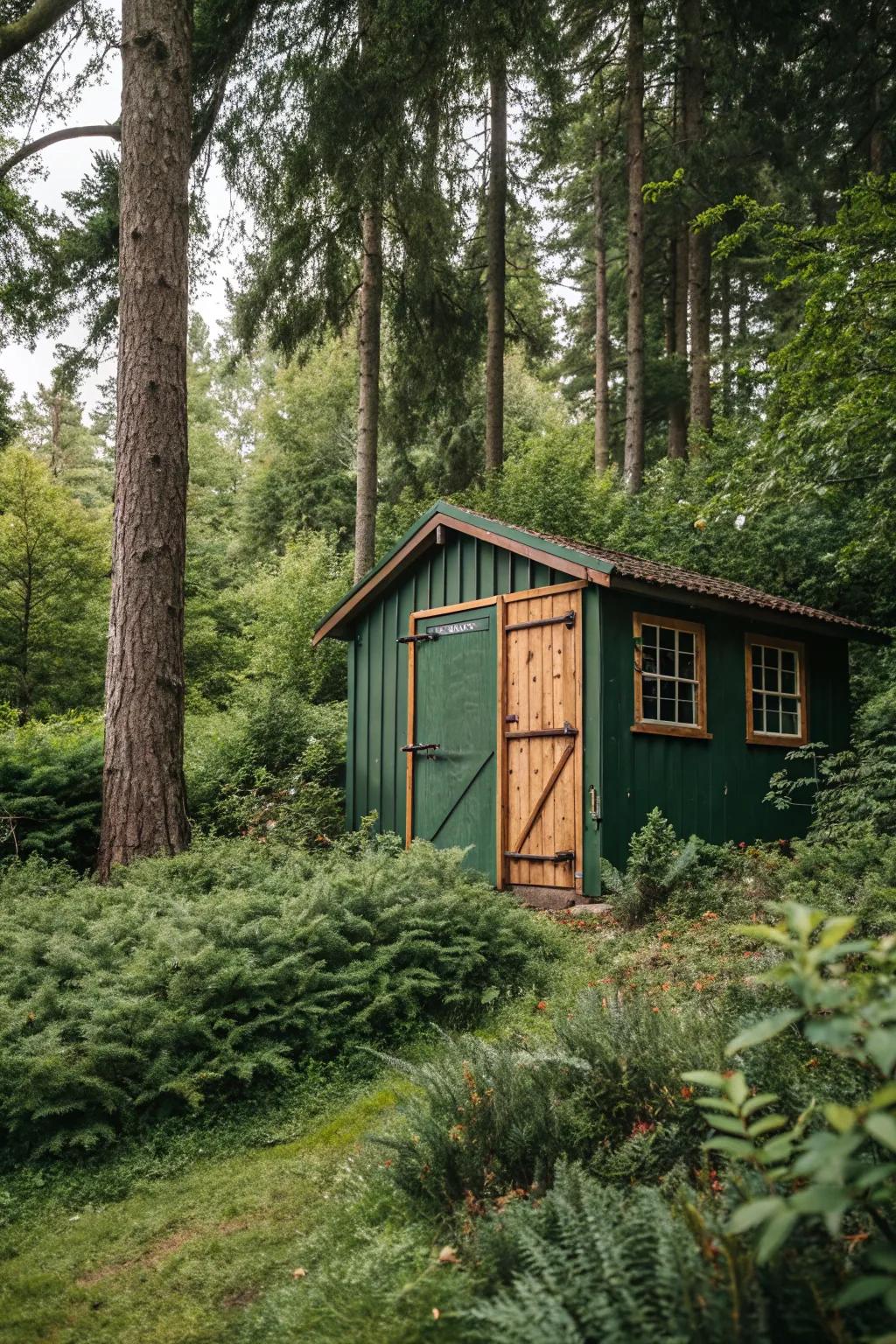 A forest green shed, seamlessly blending with nature.