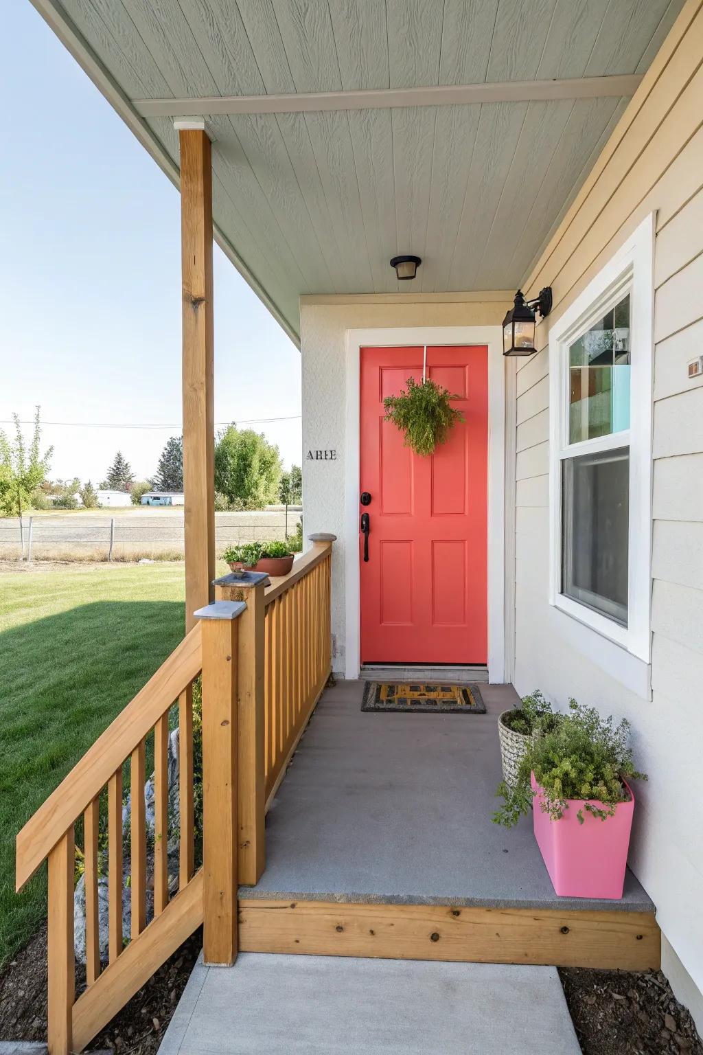 A small front porch featuring a door painted in a bold and eye-catching color, adding personality and charm.