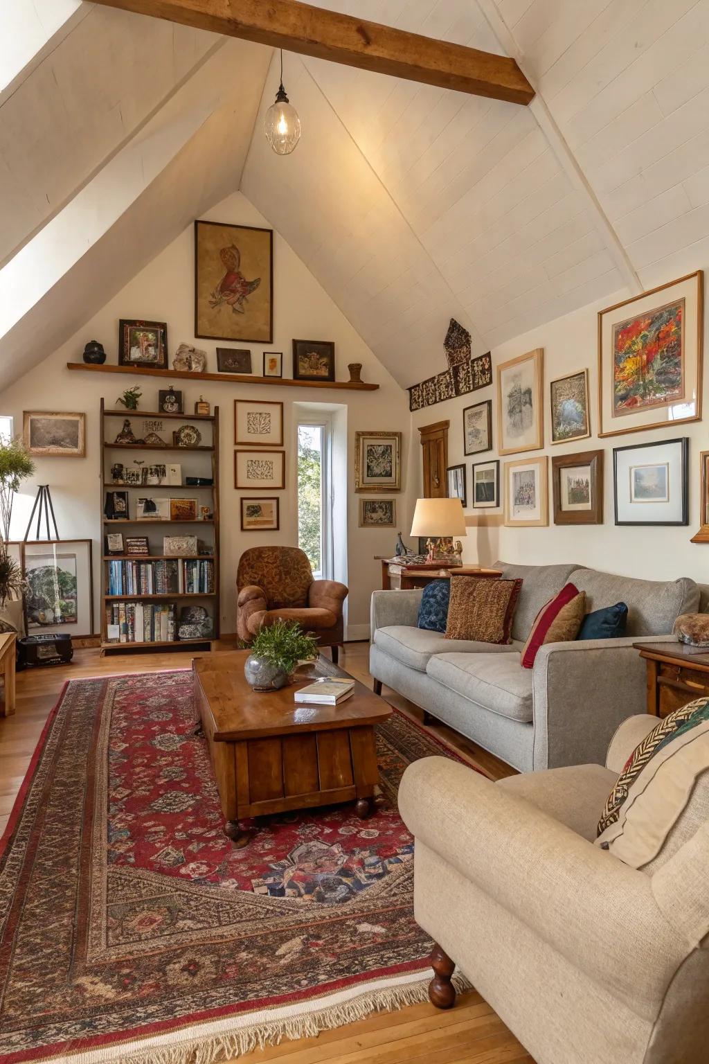 Mixed aesthetics inject character and panache into this vaulted ceiling living space.