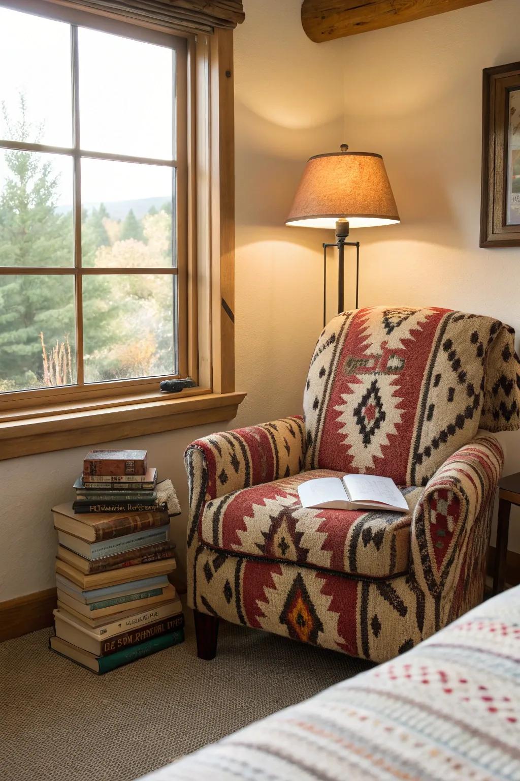 A cozy reading corner adds comfort and charm.