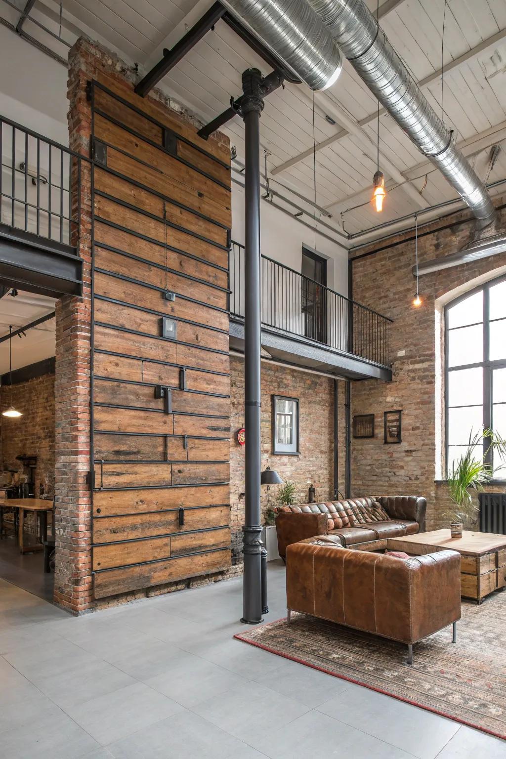 Introduce character with an industrial-chic timber panel and metal accent wall.