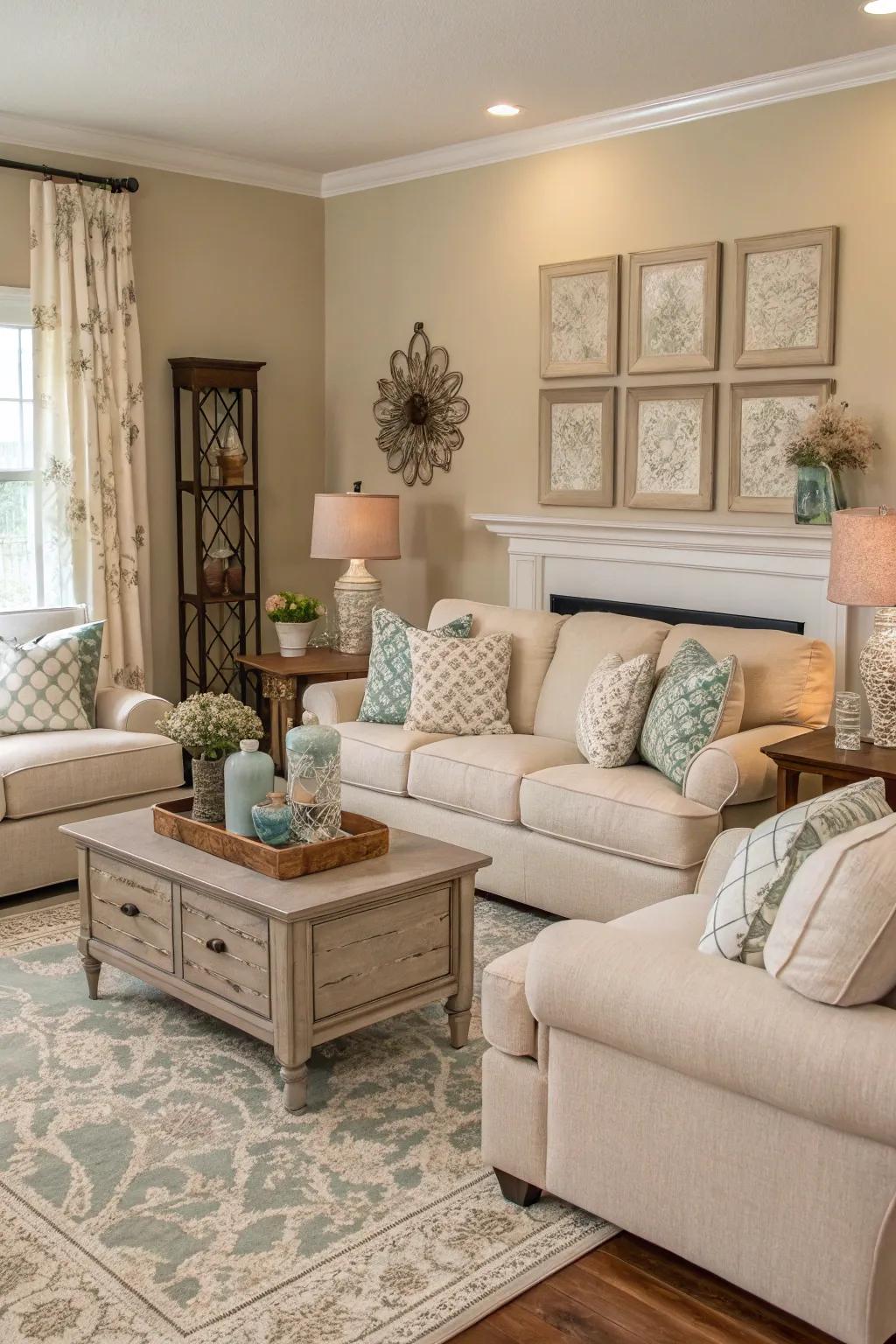 Tonal color scheme creating cohesion in a moody living room.