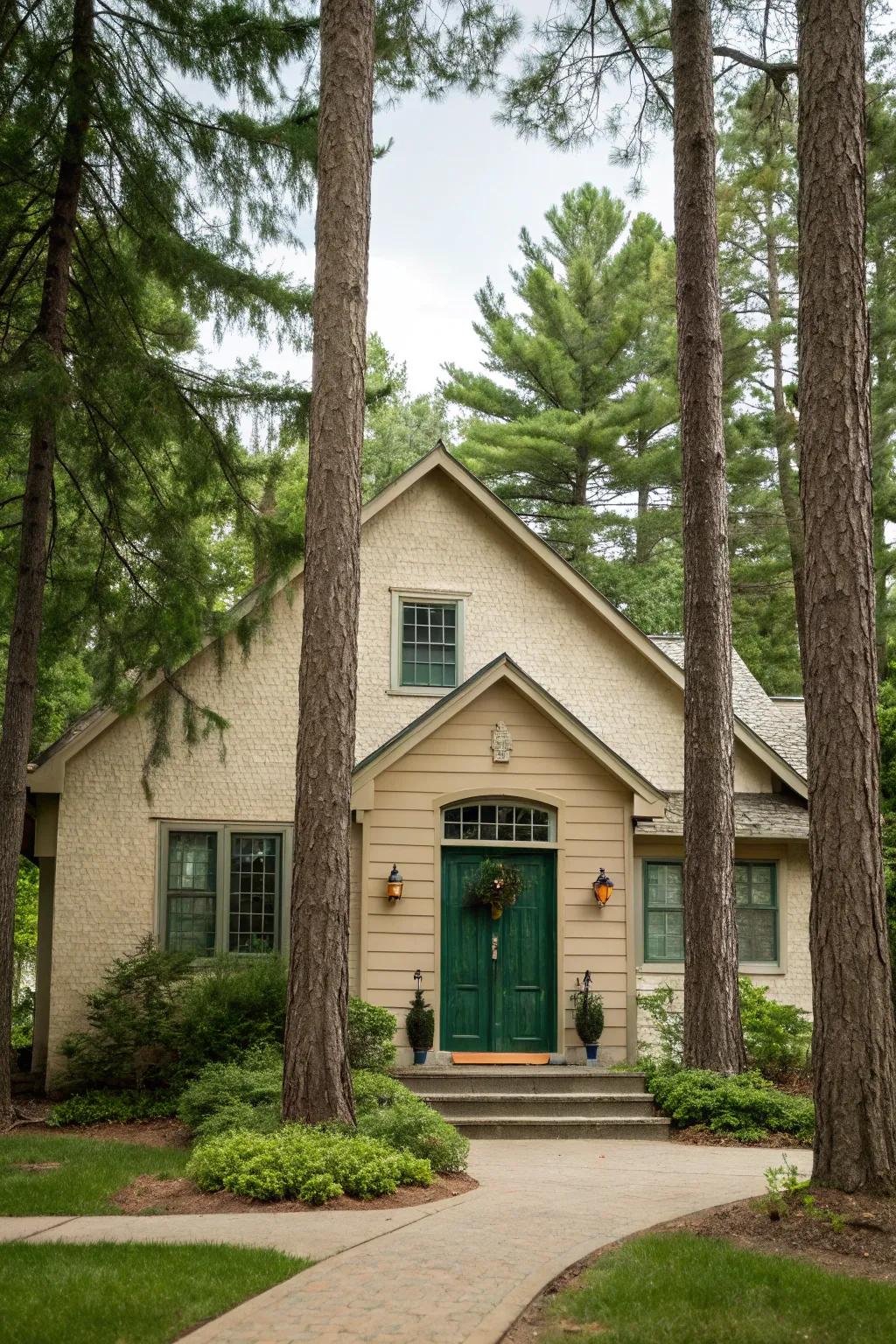 Woodland front door harmonizes with nature around a beige house.