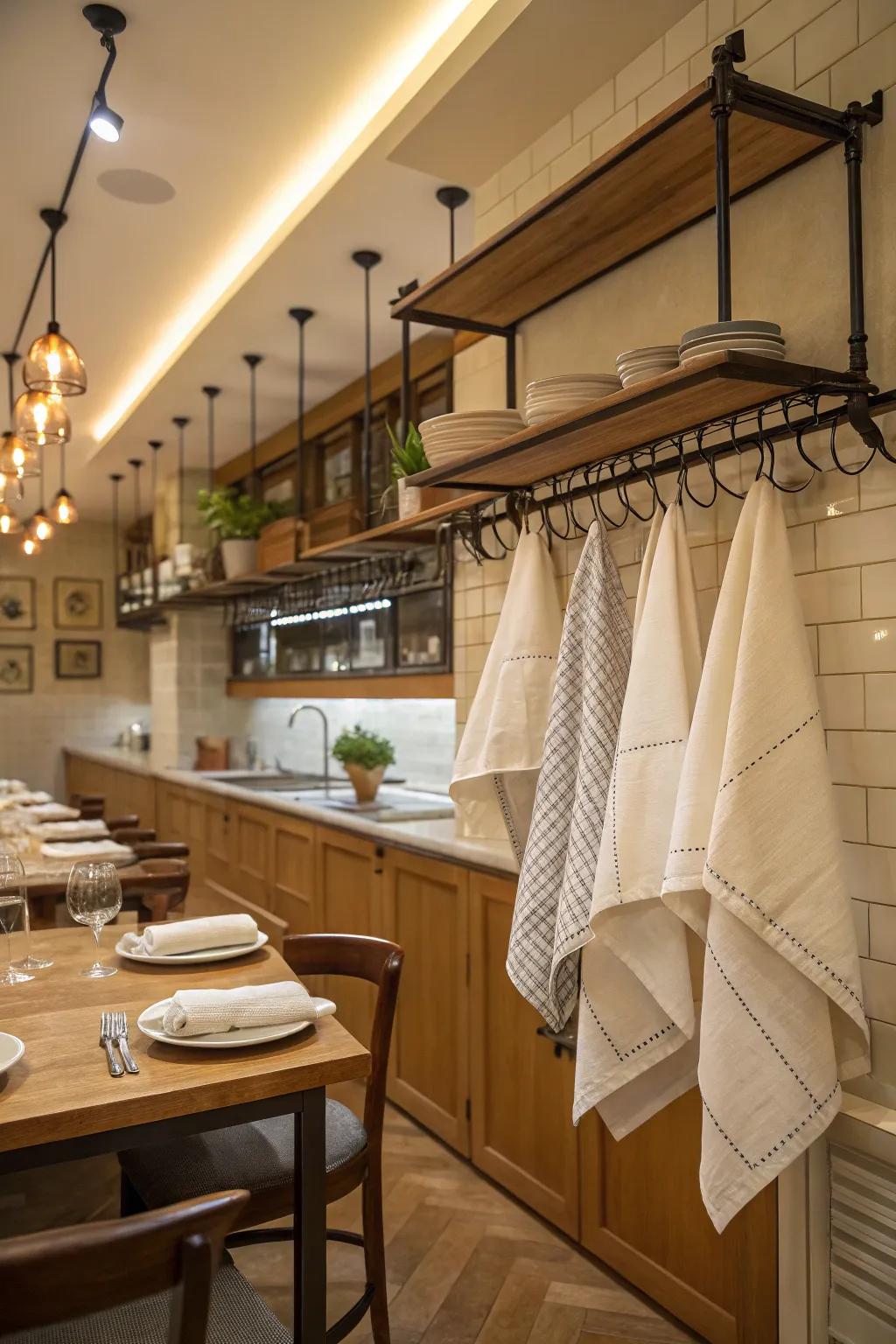 Overhead racks offer a creative and space-effective means to store napkins.
