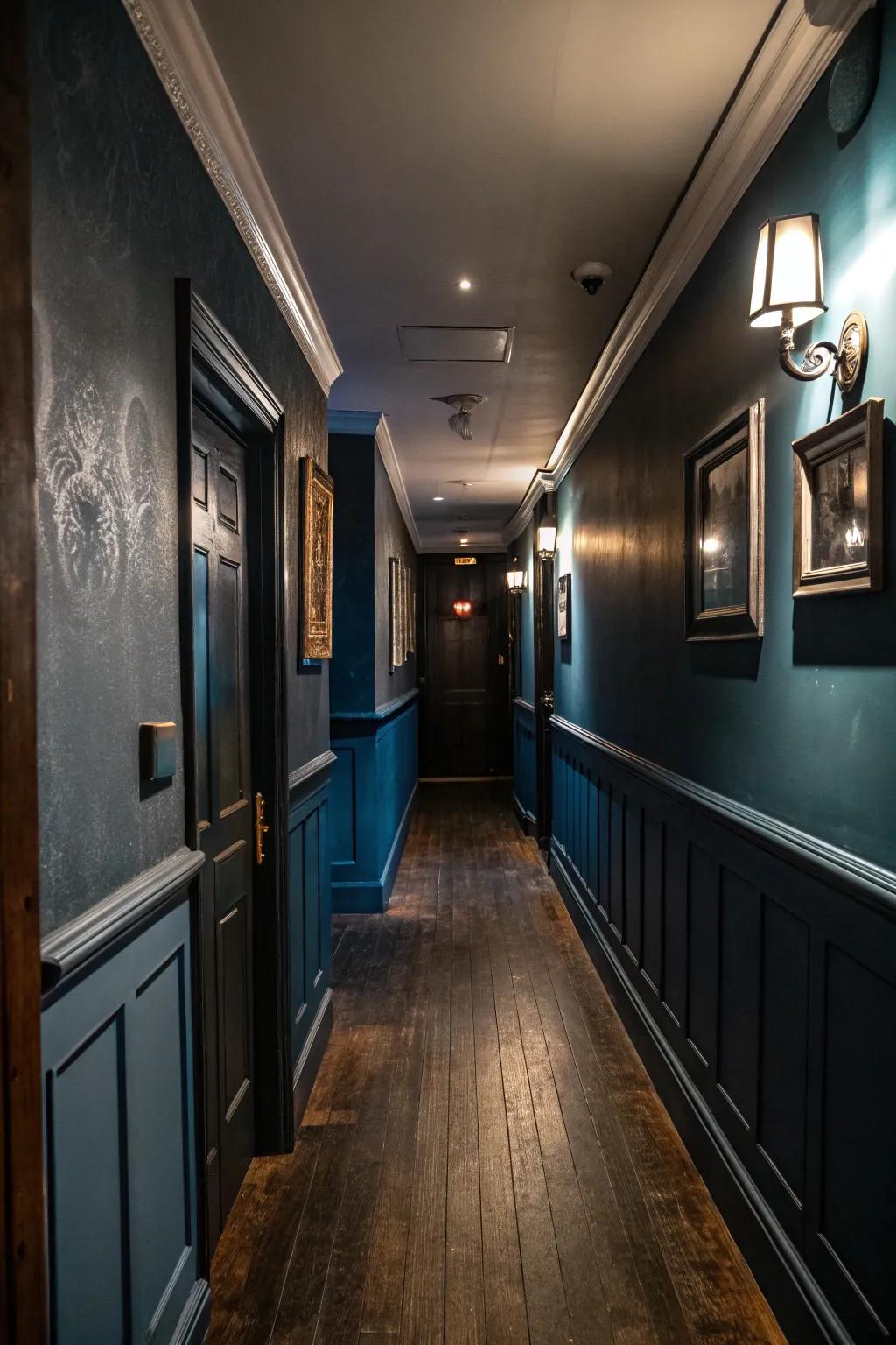 Striking, deep hues introduce spectacle and coziness to a narrow hallway.