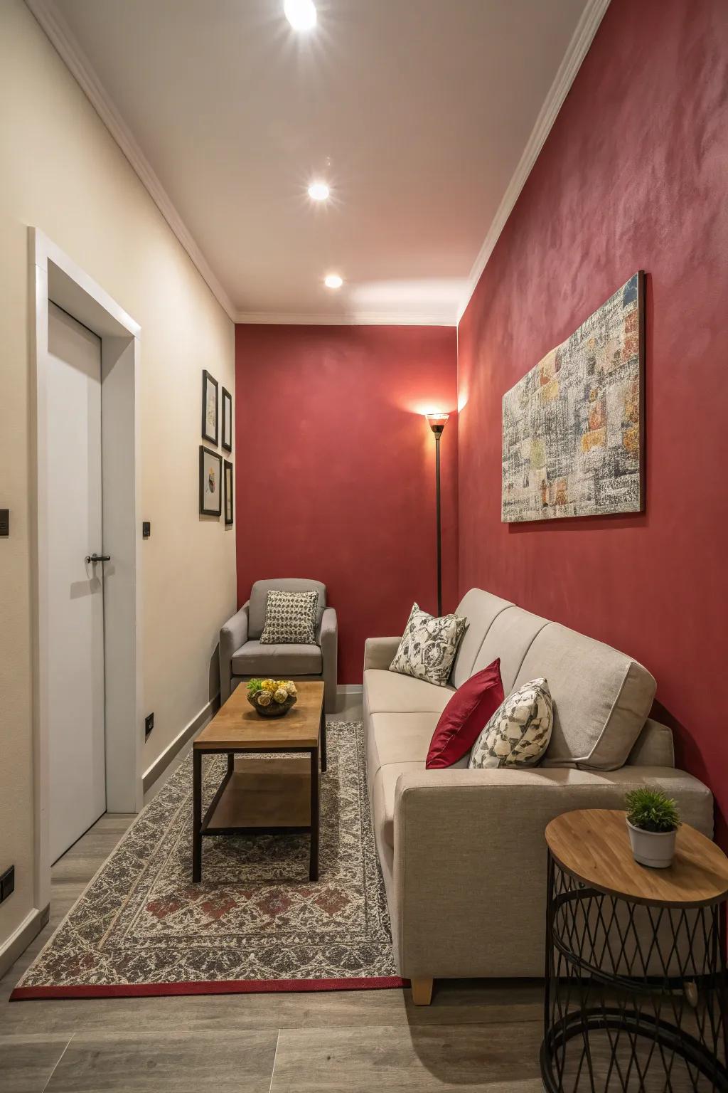 A striking accent wall enhancing style within a narrow living area.